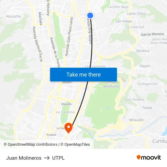 Juan Molineros to UTPL map