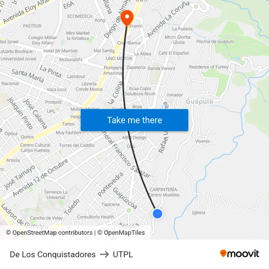 De Los Conquistadores to UTPL map