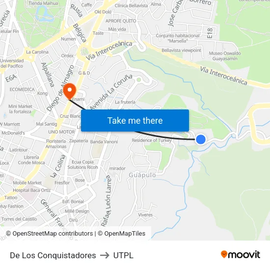 De Los Conquistadores to UTPL map