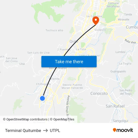 Terminal Quitumbe to UTPL map