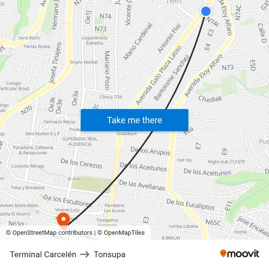 Terminal Carcelén to Tonsupa map