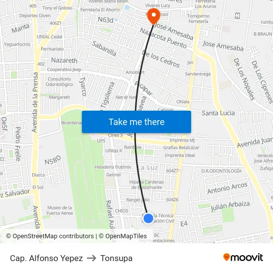 Cap. Alfonso Yepez to Tonsupa map