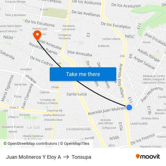 Juan Molineros Y Eloy A to Tonsupa map