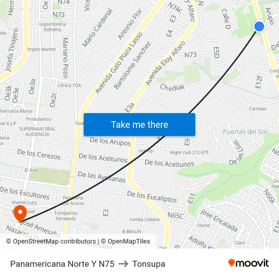 Panamericana Norte Y N75 to Tonsupa map