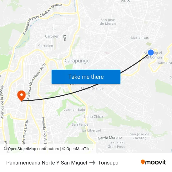 Panamericana Norte Y San Miguel to Tonsupa map