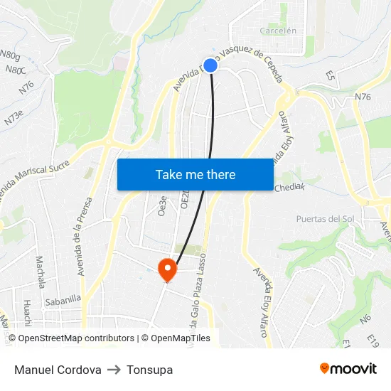 Manuel Cordova to Tonsupa map