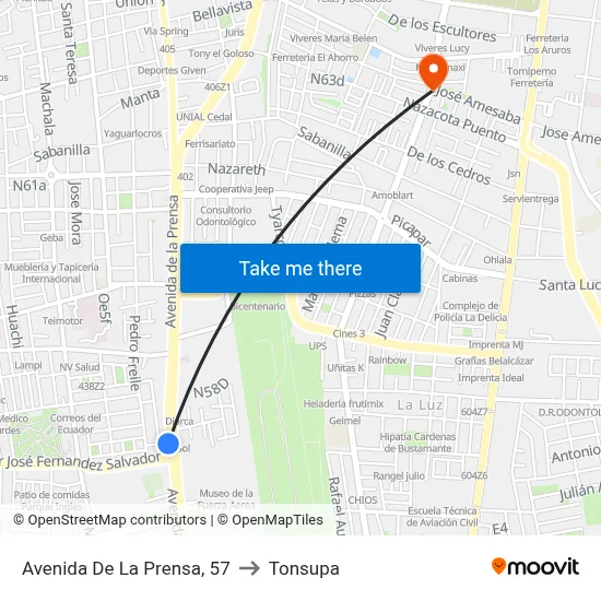 Avenida De La Prensa, 57 to Tonsupa map