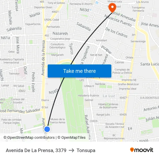 Avenida De La Prensa, 3379 to Tonsupa map