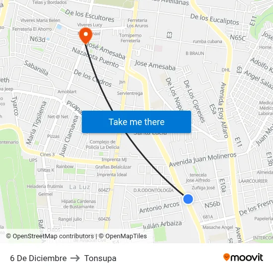 6 De Diciembre to Tonsupa map