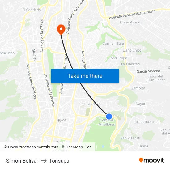 Simon Bolivar to Tonsupa map