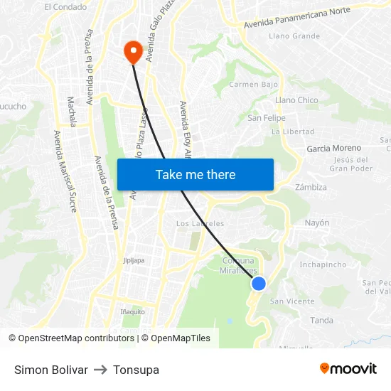 Simon Bolivar to Tonsupa map