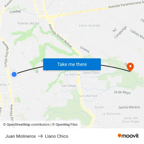 Juan Molineros to Llano Chico map