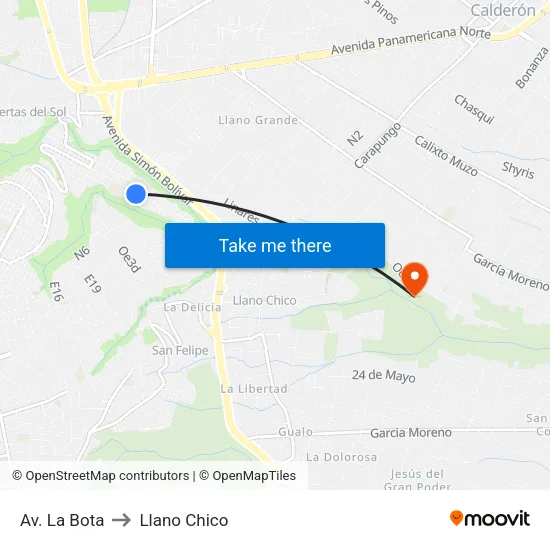 Av. La Bota to Llano Chico map