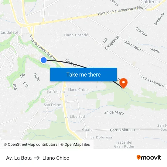 Av. La Bota to Llano Chico map