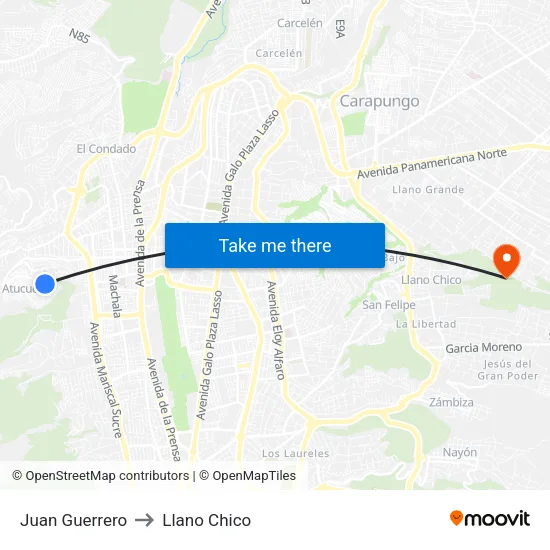 Juan Guerrero to Llano Chico map
