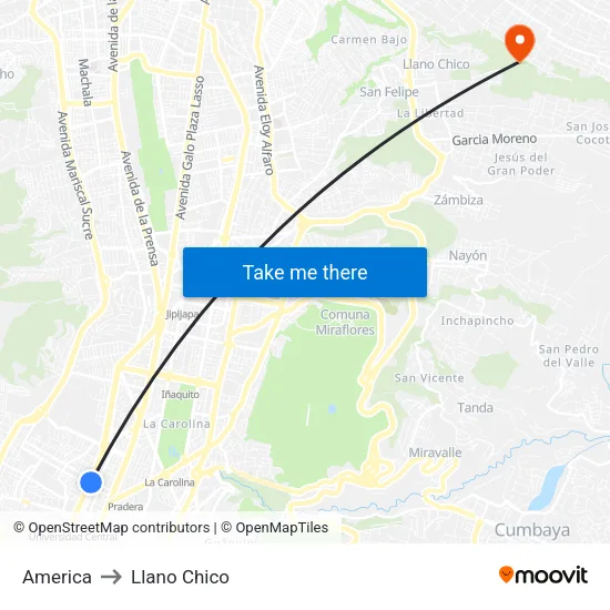 America to Llano Chico map