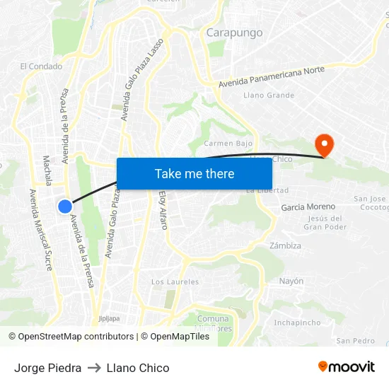 Jorge Piedra to Llano Chico map