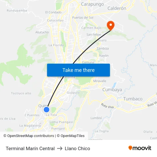Terminal Marín Central to Llano Chico map