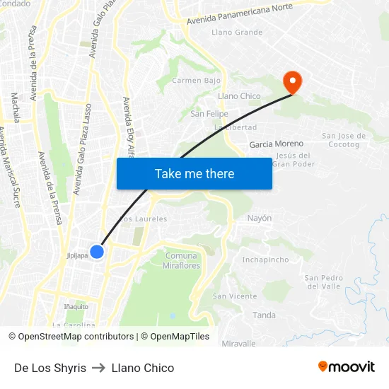 De Los Shyris to Llano Chico map