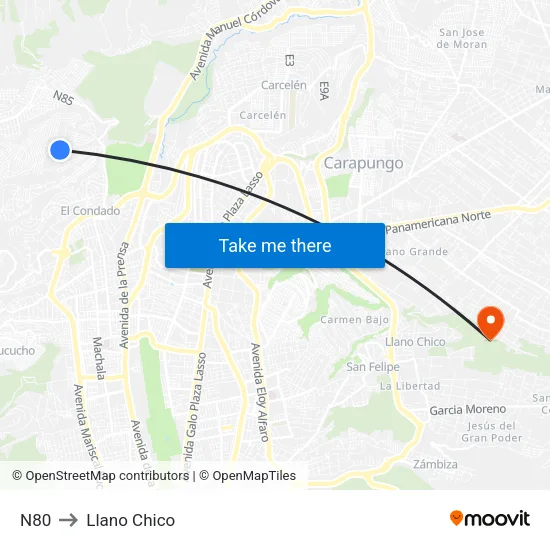 N80 to Llano Chico map