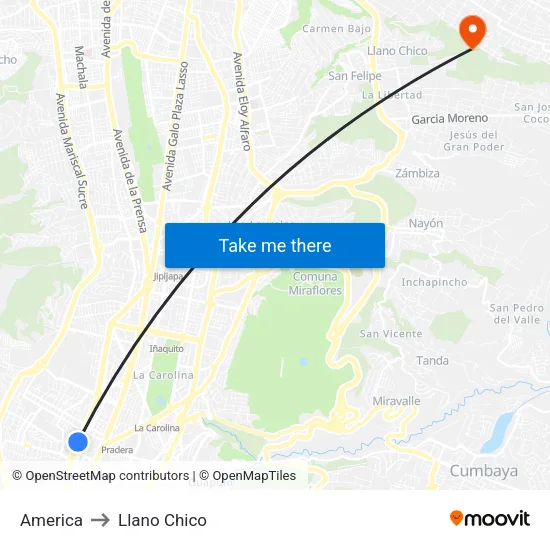 America to Llano Chico map