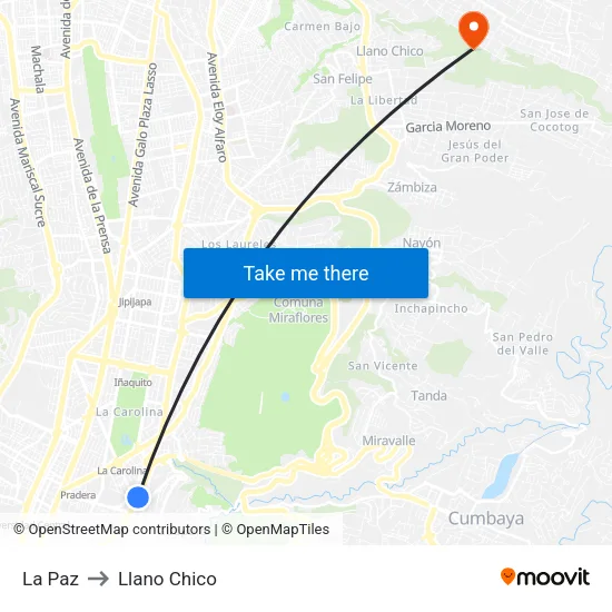 La Paz to Llano Chico map
