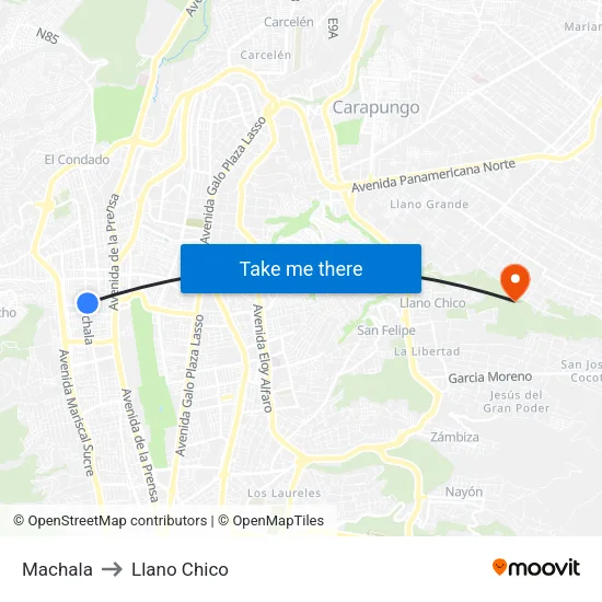 Machala to Llano Chico map