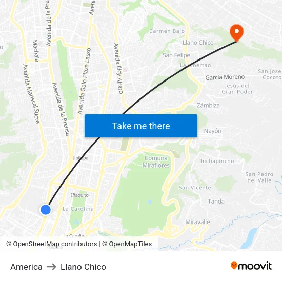 America to Llano Chico map
