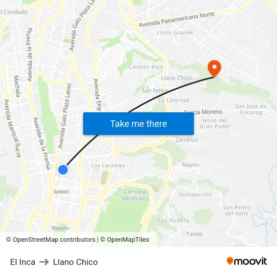 El Inca to Llano Chico map
