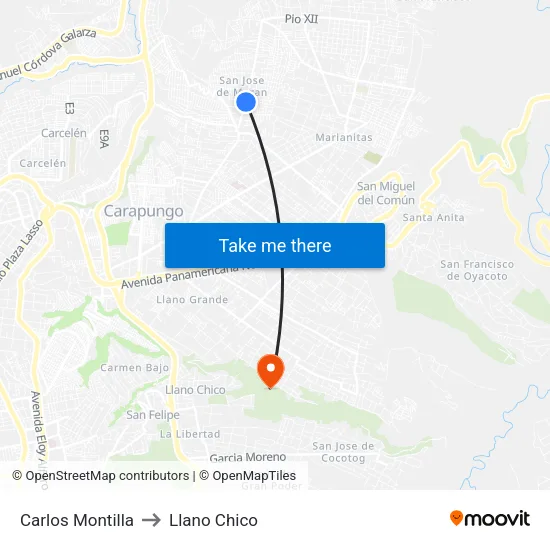 Carlos Montilla to Llano Chico map