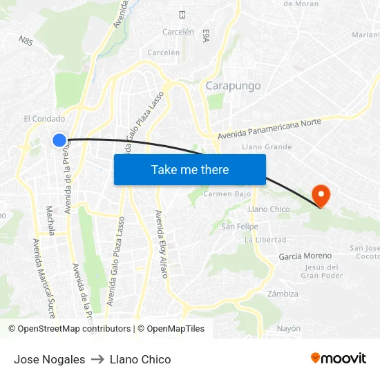 Jose Nogales to Llano Chico map