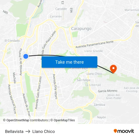 Bellavista to Llano Chico map