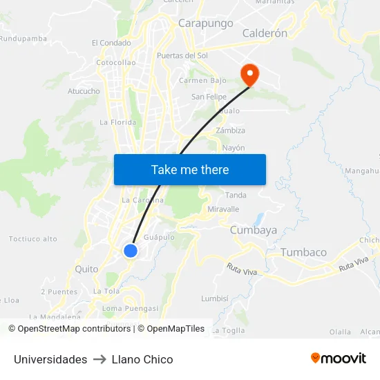 Universidades to Llano Chico map