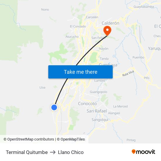 Terminal Quitumbe to Llano Chico map