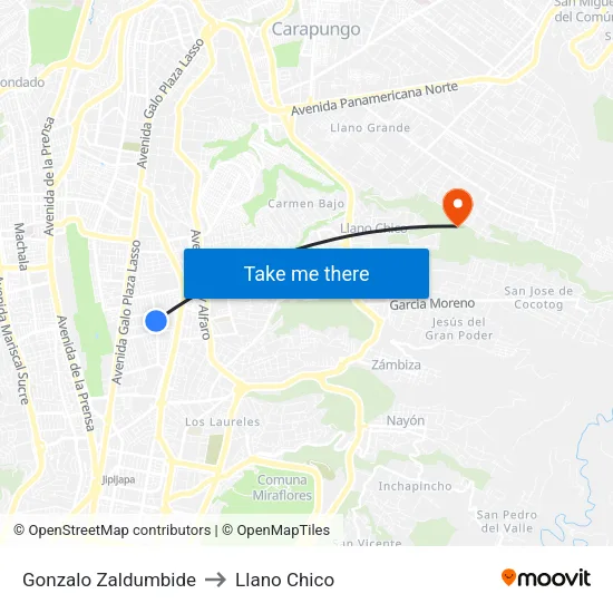 Gonzalo Zaldumbide to Llano Chico map
