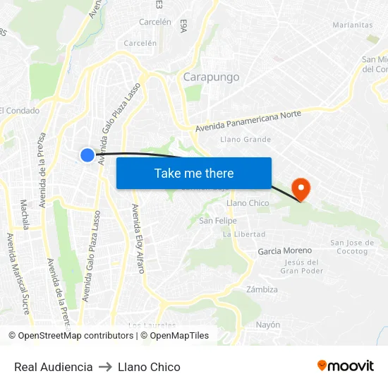 Real Audiencia to Llano Chico map