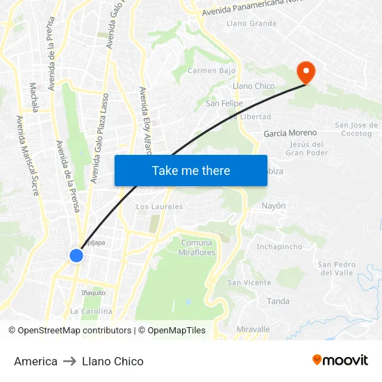 America to Llano Chico map