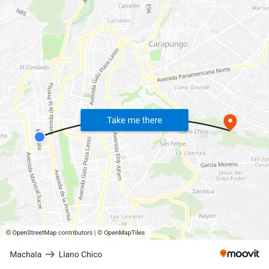 Machala to Llano Chico map