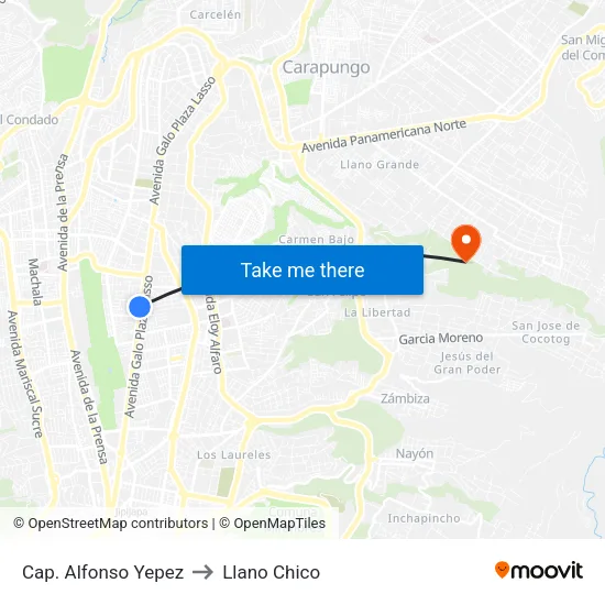 Cap. Alfonso Yepez to Llano Chico map
