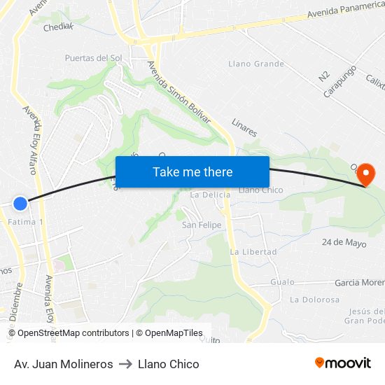 Av. Juan Molineros to Llano Chico map
