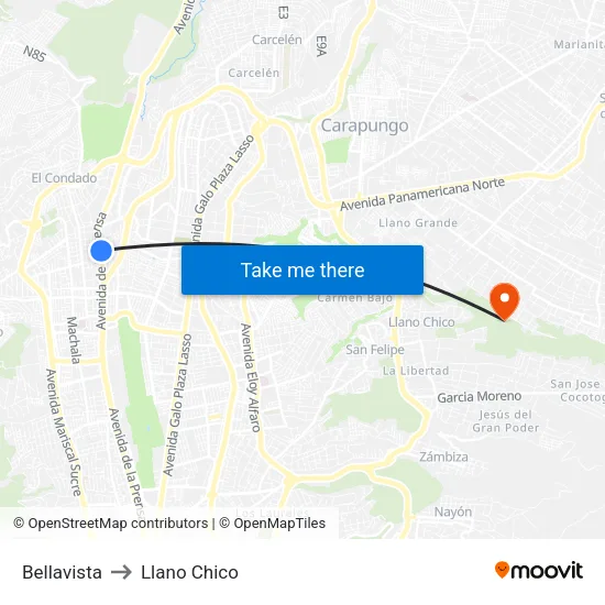 Bellavista to Llano Chico map