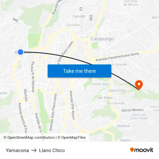 Yamacona to Llano Chico map