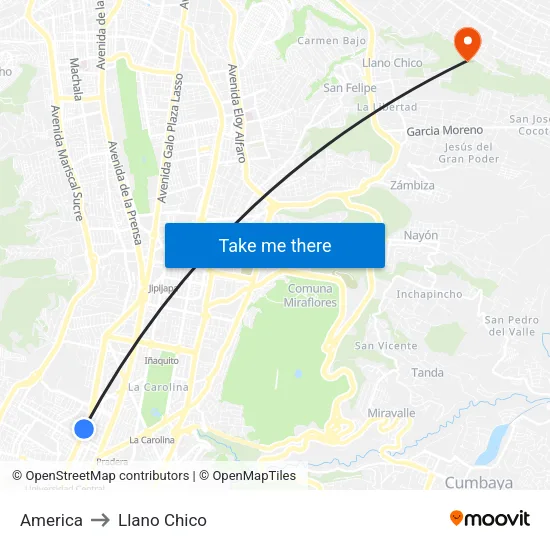 America to Llano Chico map