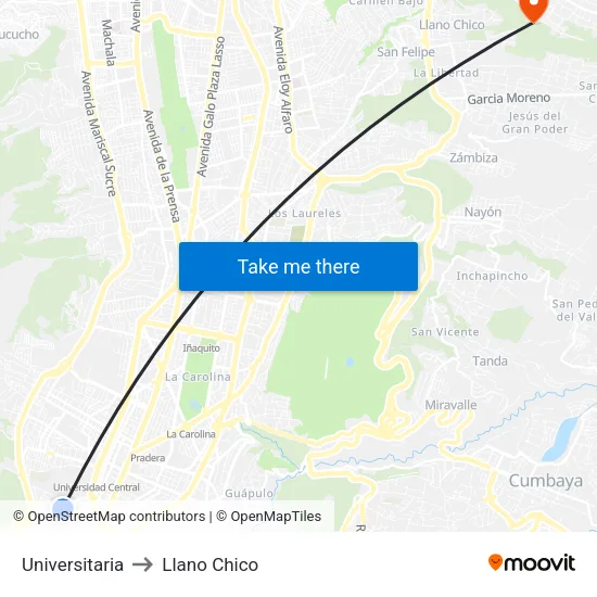 Universitaria to Llano Chico map