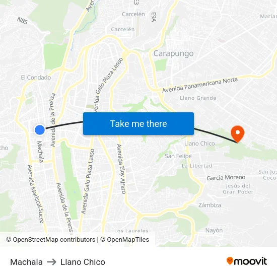 Machala to Llano Chico map