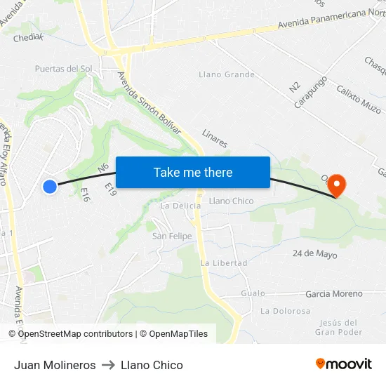 Juan Molineros to Llano Chico map