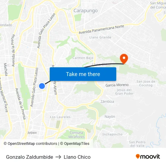 Gonzalo Zaldumbide to Llano Chico map