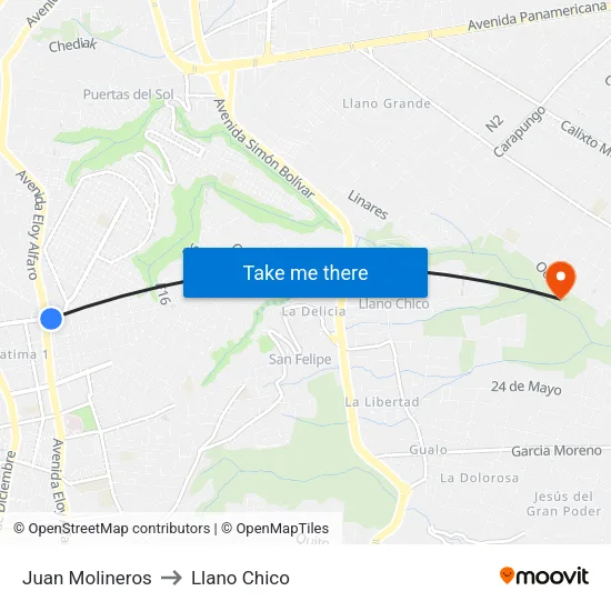 Juan Molineros to Llano Chico map