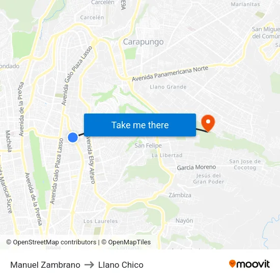Manuel Zambrano to Llano Chico map