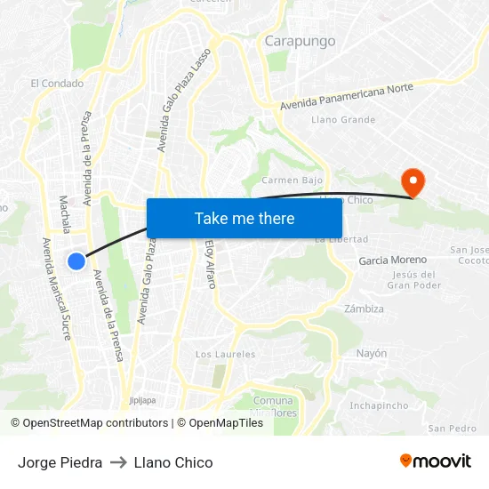 Jorge Piedra to Llano Chico map